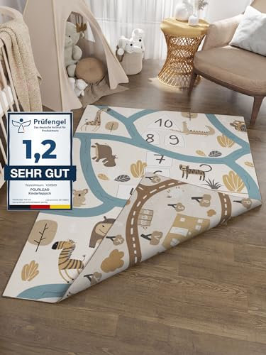 pourlea® Teppich Kinderzimmer beidseitig bespielbar | ÖkoTex Kinderteppich Beige | Spielteppich 140x200 cm | Wendbarer Safari & Autoteppich | Straßenteppich zum Spielen & Lernen für Junge & Mädchen
