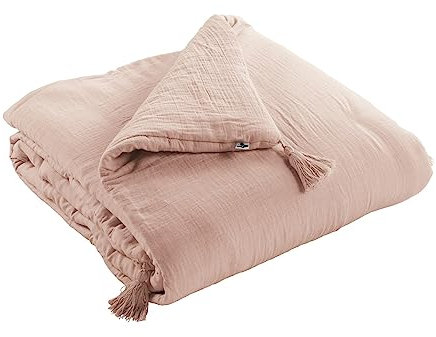 Mylittlebed Edredon Dessus de lit L’Effet Papillon 90x200 cm – Chemin de lit 100% Gaze de Coton avec Finition Pompons [ Dessus de Lits et Couvre-Lits ] (Rose Guimauve)