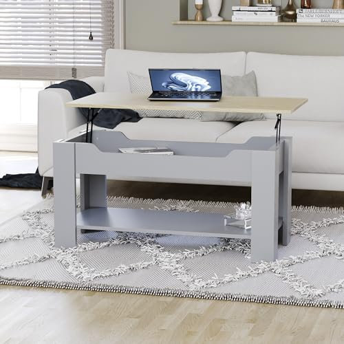 Vida Designs Lift Up Coffee Table With Large Hidden Storage Compartment and Shelf, H 48-60 x L100 x W48 cm (Oak & Grey)