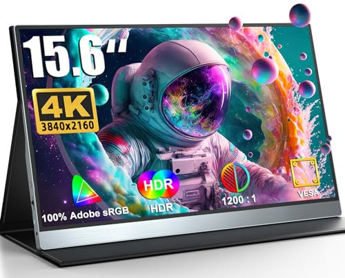 UPERFECT 4K Portable Monitor 15.6'' Silvery 3840x2160 UHD HDR USB-C Monitor, 100% AdobeRGB, 400cd/㎡Brightness, IPS FreeSync Speaker Travel Extra Screen for Laptop, Type-C HDMI, VESA & Smart Case