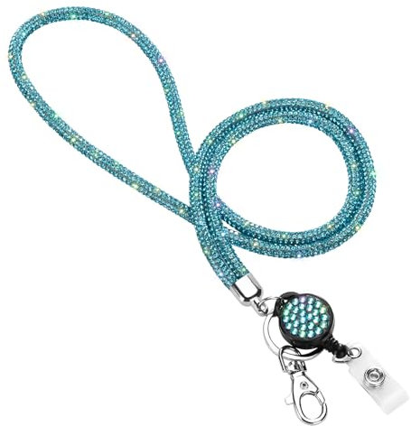 Soleebee Kartenhalter Trageband, Bling Strass Schlüsselband Lanyard mit Schlüsselring Kristall Halsband Damenkette Halskette Kit für Schlüsselanhänger ID-Kartenhalter (Seeblau mit Ausweis JoJo)
