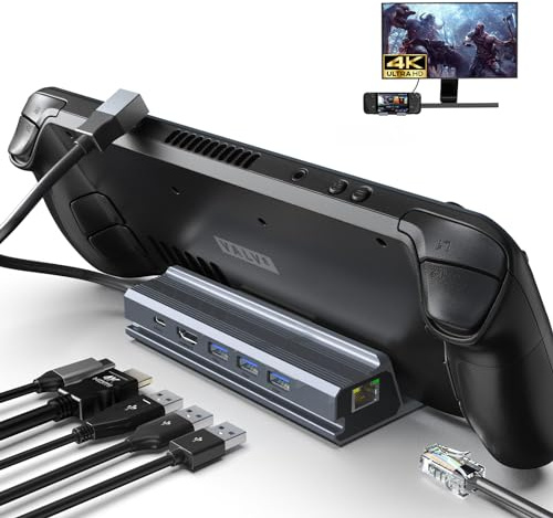Qhou Dockingstation, 6 in 1 USB C Dockingstation, HDMI 2.0, 4K@60 Hz, Gigabit Ethernet, 3 USB A 3.0 und USB C Ladeanschlüssen, kompatibel mit Valve Steam Deck, Tablet