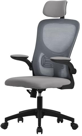 ML-Design Bürostuhl ergonomisch, Grau aus Mesh, Schreibtischstuhl mit Verstellbarer Kopfstütze, Armlehnen, Lendenwirbelstütze, Wippfunktion, Drehstuhl mit Rollen, Computerstuhl Chefsessel Gaming Stuhl