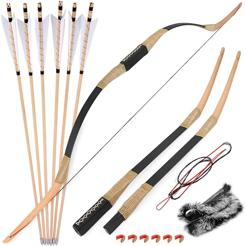 Bogenschießen Traditioneller Langbogen 20-35LBS Handgefertigter Holzbogen Jagd Recurvebogen Mongolischer Bogen Reitbogen Sportbogen Erwachsene