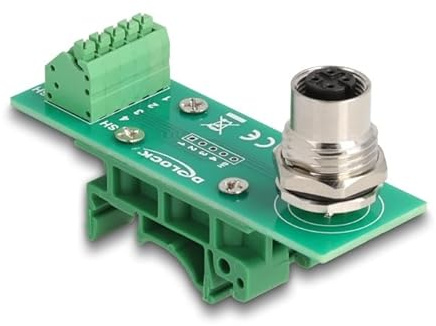 DeLOCK M12 Transfer Modul Adapter 4 Pin A-coded Buchse zu 5 Pin Klemmenblock für DIN Schiene