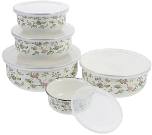 Alipis Fresh Bowl Set 5 Pieces Enamel Soup Bowls with Transparent Lids 7.5Cm Deep for Noodles Salads Pasta and Food Storage Suitable for Home and Restaurant
