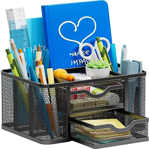 Marbrasse Mesh Desk Organiser,Pen Organiser with 2 Drawer,Multi-Functional Pencil Holder for Accessories with 5 Compartments + Drawer for Home Office Supplies(Black)