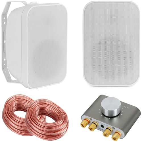 McGrey OLS-5251WH Cassa Acustica HiFi Due Vie Outdoor - 50 Watt - Bianca - con Set Bluetooth - incluso Mini Amplificatore Hi-Fi e Cavo Casse