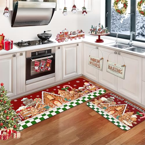 AIBIIN Juego de 2 tapetes de cocina de Navidad antideslizantes de goma para pasillo, comedor y entrada, 40 x 60 + 40 x 120 cm