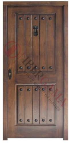 Puertas IBERGAMA - Puerta de Entrada de Madera, Barnizada en Color Nogal o en Crudo, Puerta exterior estilo Rústico. (Apertura Izquierda)