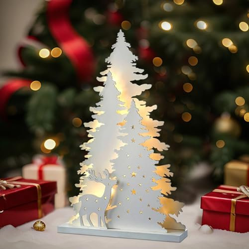 LED Weihnachtsdeko Holz Weihnachtsbaum und Rentier, LED Rentier und Weihnachtsbaum mit Weihnachtsstern, Weihnachtsdeko Innen Aesthetic, Weihnachtsbeleuchtung für Tischdeko Weihnachten Deko (Warmweiß)