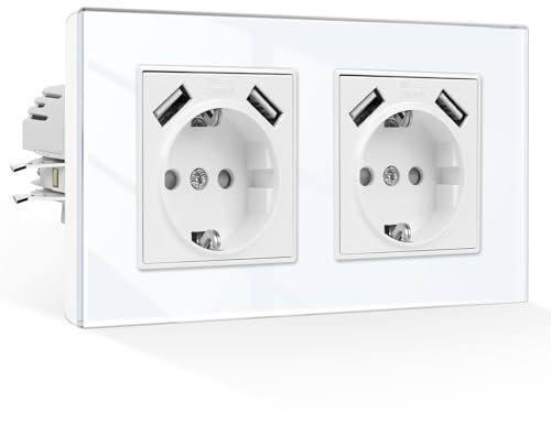 CNBINGO Enchufe doble empotrado, 2 enchufes, cristal, doble enchufe, color blanco, enchufe de pared con USB