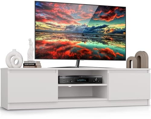 Beneli TV-Lowboard Weiß 140x40x36 cm | Minimalistischer TV-Schrank mit Stauraum | Hochglanz Fernsehschrank | TV-Möbel für Wohnzimmer
