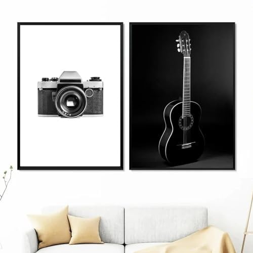 RDRDtbtr Kamera Gitarre Schwarz Weiß Foto Leinwand Bild Poster Kunstdrucke Nordic Wand Bilder Bilder Für Skandinavisches Wohnzimmer Wohnkultur 50x70cmx2 Ungerahmt
