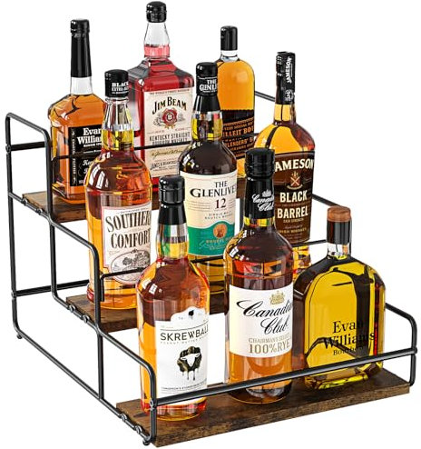 Nuovoware Présentoir Bouteilles Liqueur, Étagère Liqueur 3 Niveaux, Armoire Bar Acier Carbone avec Base en Bois Barre Retenue Whisky, Sirop Vin, Étagère à vin pour Comptoir Cuisine, Bar Café, Noir