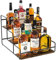Nuovoware Présentoir Bouteilles Liqueur, Étagère Liqueur 3 Niveaux, Armoire Bar Acier Carbone avec Base en Bois Barre Retenue Whisky, Sirop Vin, Étagère à vin pour Comptoir Cuisine, Bar Café, Noir