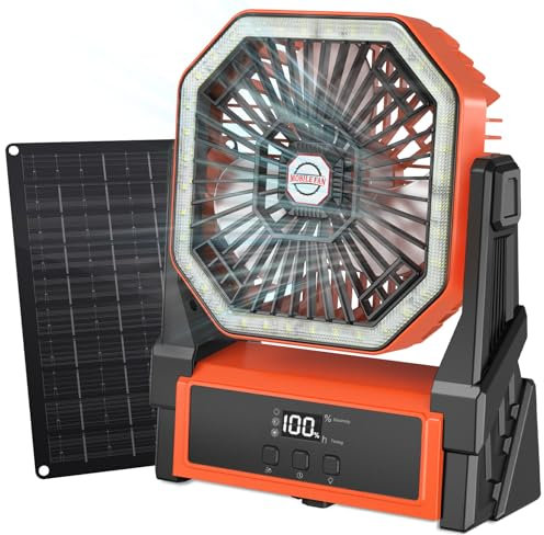 Ventilador Solar,Ventilador de Camping con Panel Solar de 10W,10000mAh Ventilador USB Recargable Portatil con Pantalla LED, Temporizador, Luz,4 Velocidades Ventilador a Bateria para Exterior (Naranja)