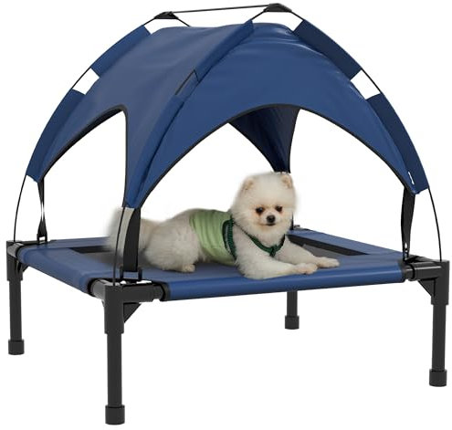 PawHut Erhöhtes Hundebett mit Baldachin, Haustierbett, Outdoor Hundeliege mit Dach, Atmungsaktiv, für kleine und mittelgroße Hunde Dunkelblau Oxford 76 x 61 x 69,5 cm