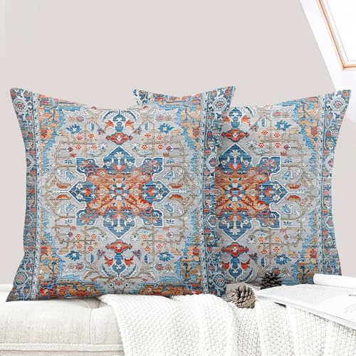 ECZOIL 2er Set Boho Kissenbezüge 45x45 cm,Böhmische Blumen Dekorative Kissenhülle Flachs 18x18 Inch Doppelseitiger Druck Dekorative Kissenbezug für Wohnzimmer Sofa Schlafzimmer-Blau Orange