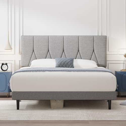 Yocreat Small Double Bed Frame, Light Grey, Upholstered Wooden Slat Bed Frame with Headboard, Easy Assembly, Underbed Storage, No Box Spring Needed 120×190