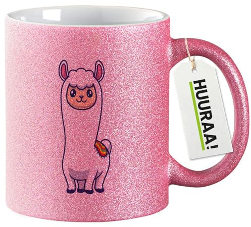 Huuraa Glitzertasse Lama Comic Geschenk | Motivtasse 330ml Glitzer Tasse mit Spruch Pink Keramik Kaffeebecher Geschenkidee Pinker Glitter Becher mit Motiv