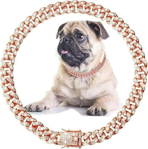 Rose Gold Crystal Cuban Link Dog Collar with Design Secure Buckle Metal Chain Pet Necklace for Small Medium Large Dogs Cats(Rose Glod 18inch)