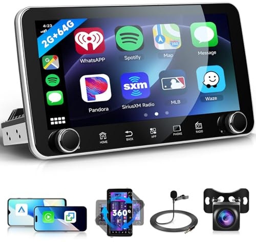 [2G+64G] Android Car Radio Single Din with Wireless CarPlay Android Auto, Hodozzy 10.36 Inch IPS 360° Rotate Screen Car Stereo with GPS, Bluetooth, WIFI, FM/RDS, Split Screen, EQ, Double USB, Camera