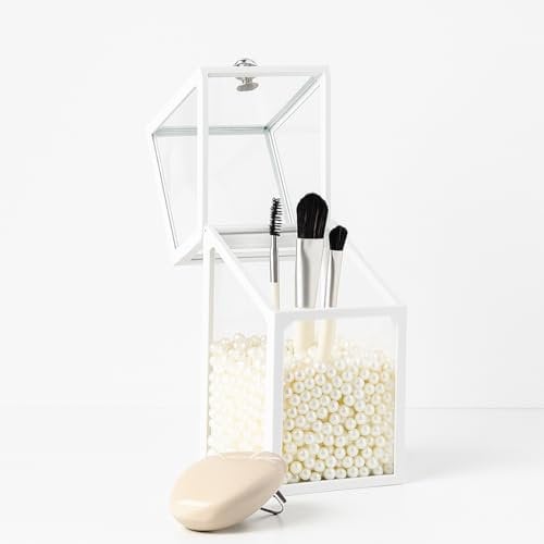 London Boutique Luxury Glass Makeup Brush Holder with Pearl Beads, 21cm Height, Dustproof Lid, Available in White/Black/Green (White)