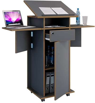 VCM Wooden lectern Mobile lectern Standing table on castors Drawer Salia door Anthracite