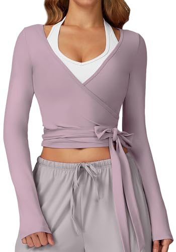 SEAUR Damen Einteiler Wickeltop mit Schleife V-Ausschnitt Formstrebendes Cropped Langarm Cardigan für Yoga Outdoor Aktivitäten Fitness Training Ballett Übungen