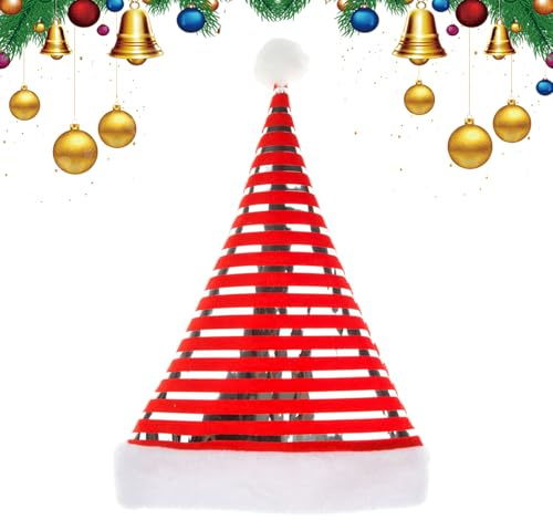 Weihnachtsmütze – 37 x 30 cm, goldfarbener Samt-Plüsch-Kopfschmuck | gestreifte rote & grüne Samt-Nikolausmütze mit weißem Kunstbesatz | festliche Weihnachtsmütze für Erwachsene und Kinder