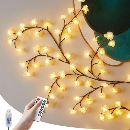 gresonic Arbre Lumineux Blanche LED 2,3m 144 LED - Guirlande Lumineuse en Forme de Vigne, Lampe Murale Fleurs de Cerisier avec Télécommande et 8 Modes d'Éclairage pour Décoration Intérieure