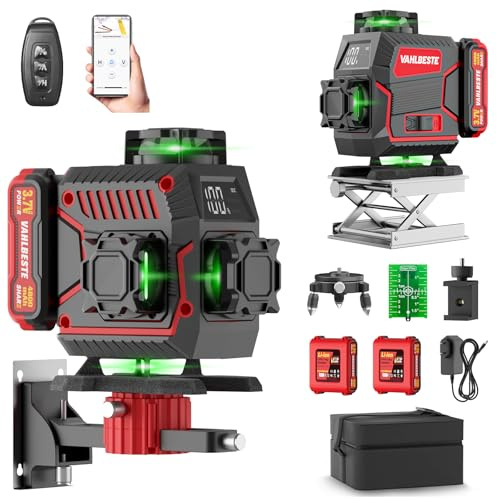 Vahlbeste Livella Laser,Livella Laser Autolivellante 360 con 2x4800mAh Batterie, 4x360 °Livello Laser con Display LED,16 Linee Laser Verde/APP/Telecomando/IP54 per l'edilizia & Appendere Quadri