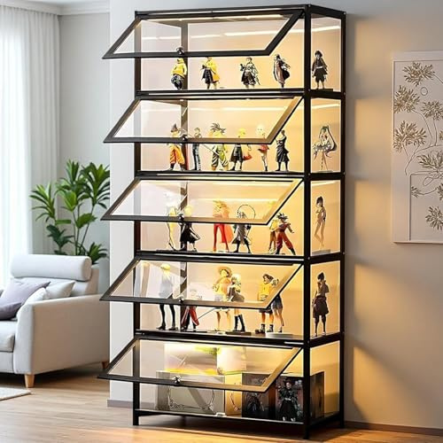 Scribora Display Cabinet with Acrylic Glass Door, 5 Tier Curio Display Case, Collectibles Toy Organizers Rack & Display Shelf, Kids Bookcase for Bedroom Reading Room (Black-flip Door)