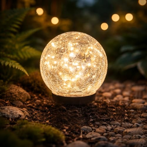 Lumiled Solar Gartenleuchte Kugel Dekorative runde Kugelleuchte aus gebrochenem Glas Warmweiß 2700K 12cm IP44 Solarbetriebene Außenleuchte für Garten Terrasse Weg Hof und Außenbereich