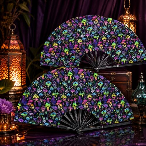 2er Set Große Handfächer mit Pilz-Motiv (UV-leuchtend) - 65cm Klack Fächer, Rahmenloses Festival Zubehör & Neon Party Deko, Faltbarer Rave Fächer leicht (Schwarzlicht/CSD/Drag Queen)