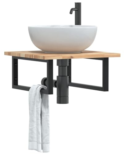 FWIKDUN Étagère peu encombrante pour lavabo avec plaque en bois - Étagère murale en acier et bois d'acacia - Étagère murale pour salle de bain - En acier et bois - Étagère flottante pour lavabo