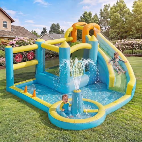 FammyLoft Hüpfburg Outdoor mit Wasserrutsche, Wasserpark Kinder Outdoor mit 450W Gebläse, Wasserhüpfburg mit Springbrunnen, Planschbecken, für 3 Kinder, Oxford-Stoff, 430 x 390 x 210cm