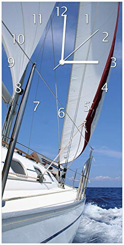 Wallario Design-Wanduhr, Acrylglasuhr Größe 30 x 60 cm, weiße Zeiger, Motiv Segelboot on Tour