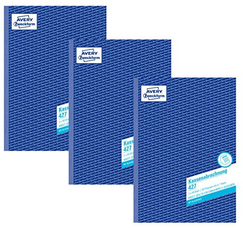 Avery Zweckform 427-5 Kassenabrechnung (A4, mit MwSt.-Spalte, 2x50 Blatt) 3er Pack, weiß/gelb