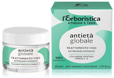 L'Erboristica Athena's - Antietà Globale - Trattamento Viso Antirughe Intensivo - Crema Viso con Collagene Vegetale, Omega 3 e Omega 6-50ml
