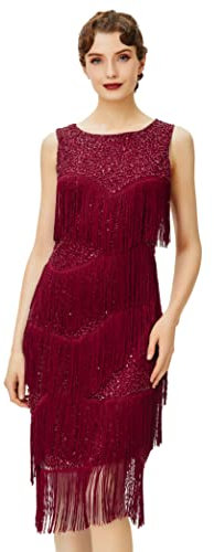 Coucoland 1920s Kleid Damen Runder Ausschnitt Elegant Abendkleid mit Multi Schichten Fransen 20er Jahre Retro Stil Great Gatsby Cocktail Party Damen Fasching Kostüm Kleid (Weinrot, L)