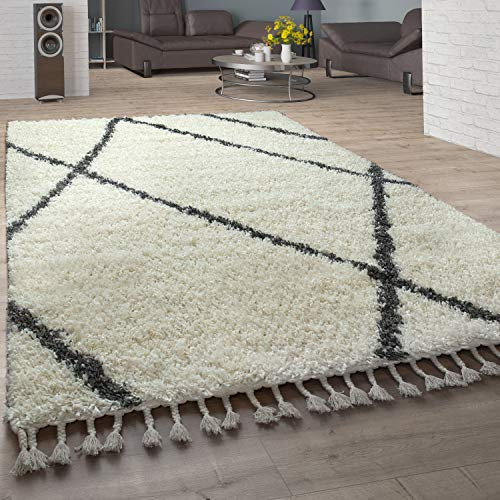 Paco Home Shaggy Teppich Wohnzimmer Hochflor Rauten Muster Skandi Design, Grösse:140x200 cm, Farbe:Creme