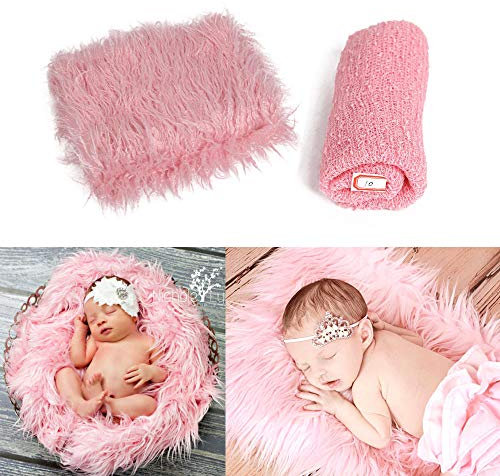 Newborn Baby Photo Props Wraps & Photography Mat Soft Faux Fur Photography Backdrops Long Ripple Wraps DIY Blanket Swaddle Photography Props for Baby Girl Or Boy (Pink)