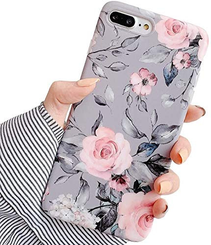 ZTUOK Compatible with iPhone 7Plus/8Plus Case for Girls, Flexible Soft Slim Fit Protective Cute Shell Flowers Phone Case Cover with Purple Floral and Gray Leaves Pattern for iPhone 7Plus/8Plus…