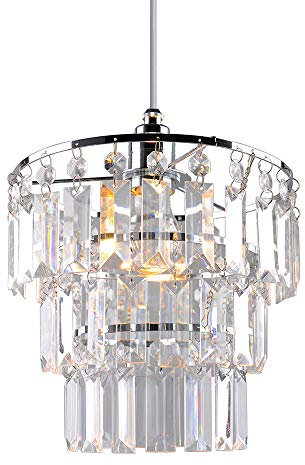 PS02CLR Abat-jour moderne en cristal, lustre chromé à 3 niveaux en acrylique cristal avec gouttelettes effet bijou transparent, cadre chromé et perles transparentes