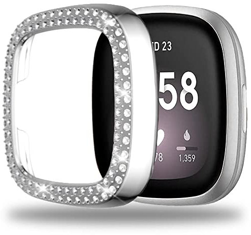 Miimall Kompatibel mit Fitbit Versa 3 Hülle, Strass Glitzer Harter PC Schutzhülle Stoßfest Kratzfest Bling Diamant Rahmen Stoßstange Schutz Case für Fitbit Versa 3 - Silber