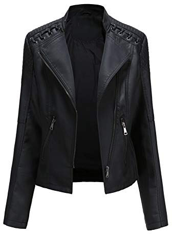 DISSA Damen Schwarz Kunstleder Motorrad Jacke Lederjacke Schlank Reißverschluss Stehkragen Kurz Mantel,46,P6638
