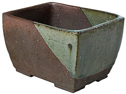 Wazakura - Maceta Tokoname de bonsái Rectangular esmaltada Hecha a Mano con Orificios de Drenaje (135 mm) Fabricada en Japón, Maceta Decorativa de Flores - Color marrón Verde