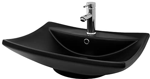 ML-Design Waschbecken aus Keramik in Schwarz Matt, 61x45,5x18,5 cm, Aufsatzwaschbecken mit Überlauf und Hahnloch, Moderne Waschtisch, Waschschale Waschplatz Handwaschbecken, für Badezimmer/Gäste-WC